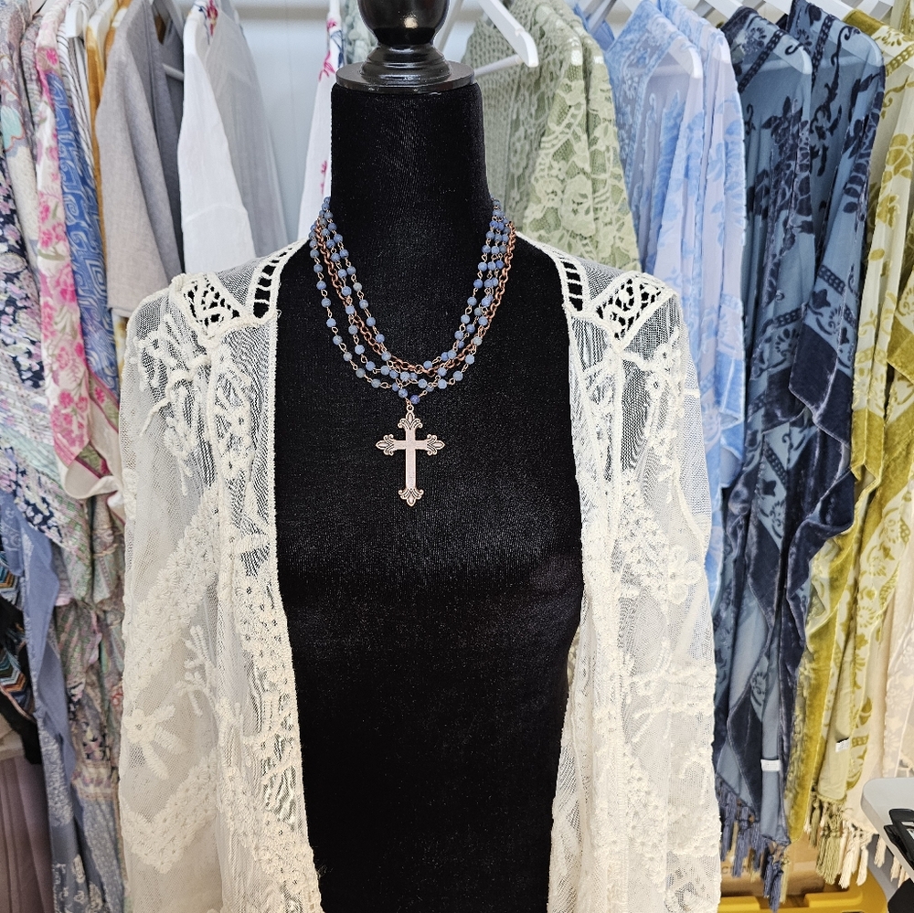 Blue Lapis Collar-Length Necklacewith Copper Cross
